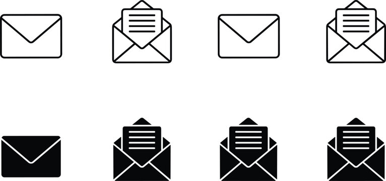 Email envelope icons set with open closed outline and solid styles for messaging communication and mail design