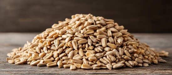 Obraz premium Hulled sunflower seeds on wood; rustic background