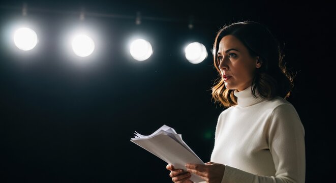 Female speaker holding notes under spotlights on dark stage
