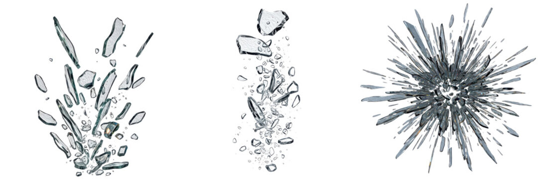 Creative Concept of Broken Glass Shards and Particles Exploding and Falling Isolated on White Background