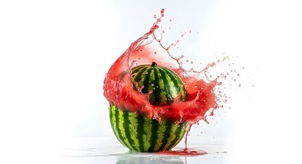 Dynamic High Speed Photography of Exploding Watermelon, Fresh Red Fruit with Vibrant Juice Splashes on White Background