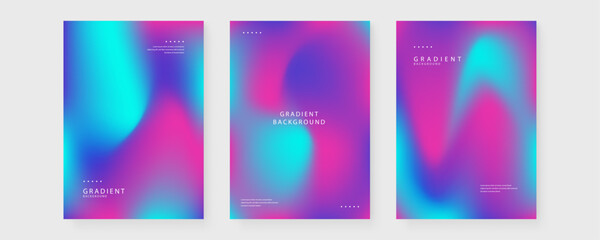 Fototapeta premium Three vertical poster templates featuring futuristic cyan and pink holographic mesh gradients for electronic music or tech events