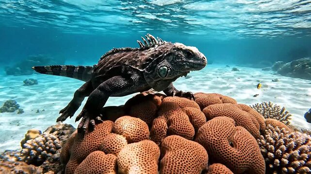 Marine Iguana Swimming Underwater Near Coral Reef with Bright Tropical Fish