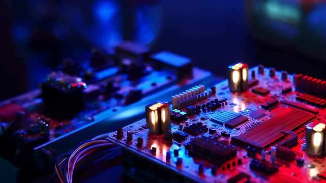 Close-up of Electronic Circuit Board with Illuminated Components