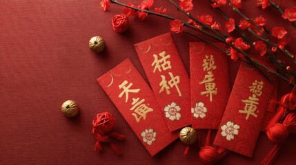Traditional Chinese New Year Decorations with Red Envelopes and Blossoms on Vibrant Red Background Displaying Prosperity and Good Fortune