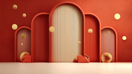 Abstract geometric scene with arches and circles in warm red tones, showcasing modern design elements and textures for creative projects