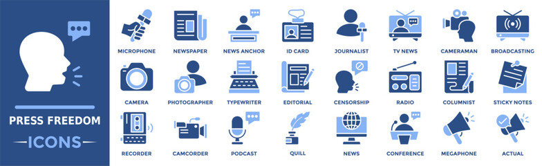 Press freedom icon collection set. Containing camcorder, recorder, podcast, newspaper, censorship, broadcasting, actual and more. Solid vector icons collection © Camallia Marroh