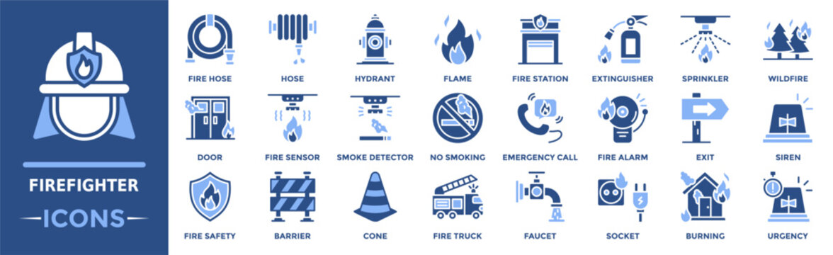 Firefighter icon collection set. Containing fire hose, hydrant, flame, exit, sprinkler, siren, urgency and more. Solid vector icons collection