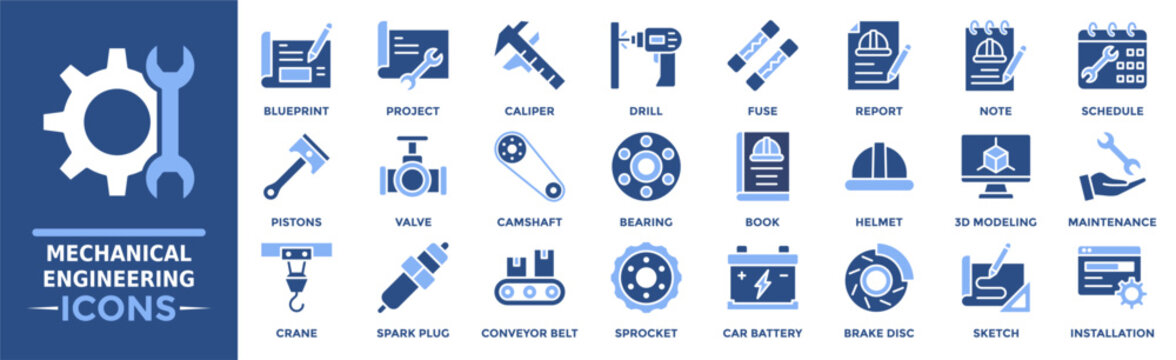 Mechanical engineering icon collection set. Containing blueprint, project, caliper, drill, fuse, report, note and more. Solid vector icons collection