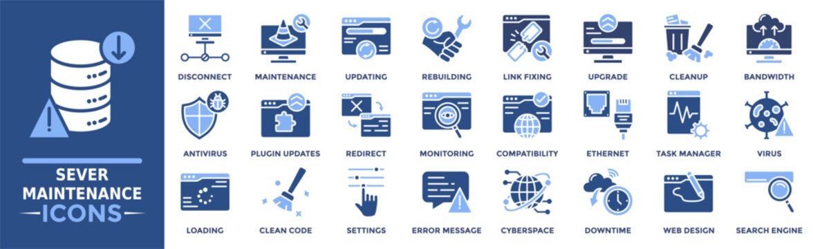 Server Maintenance icon collection set. Containing disconnect, maintenance, updating, rebuilding, virus, task manager, loading and more. Solid vector icons collection