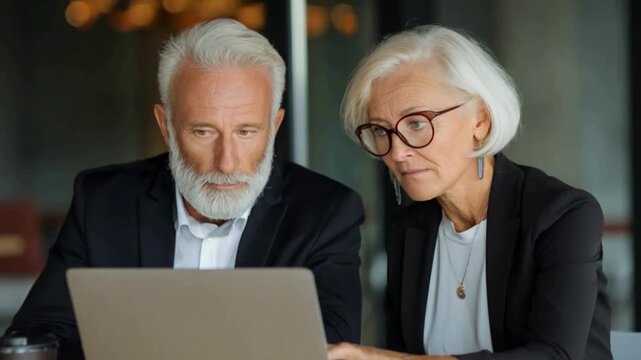 Experienced Professionals' Collaboration: Two seasoned business figures, their wisdom etched in their faces, collaborate intently, immersed in the digital landscape.