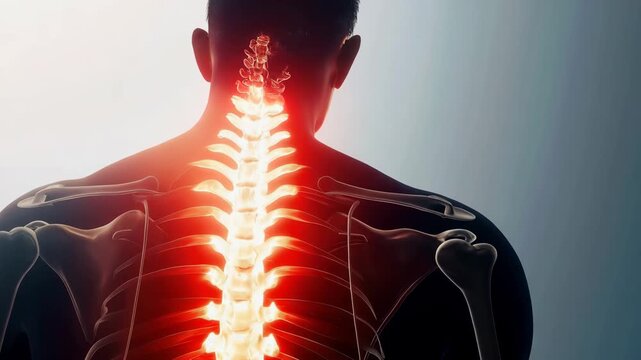 Human spinal health with a glowing effect, highlighting pain