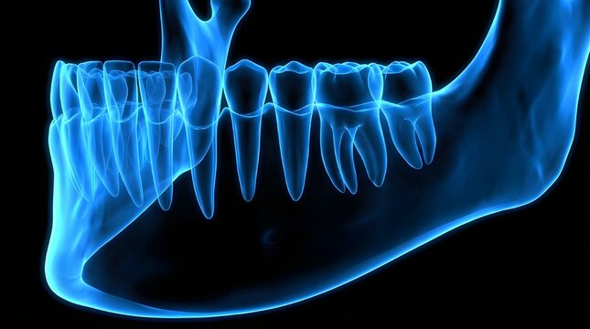 Human lower jaw and teeth 3d medical illustration blue x-ray style