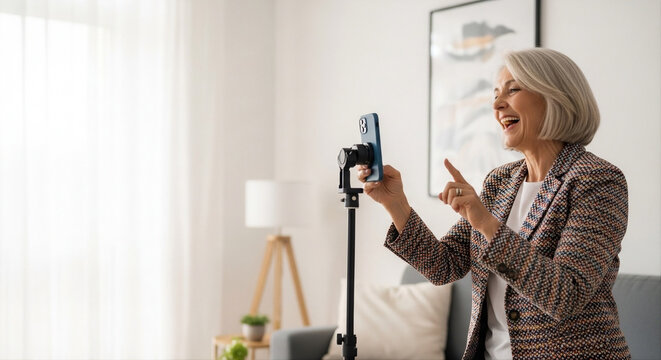 Happy senior blogger recording video content for social media.