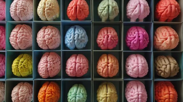 A collection of colorful brain models displayed in a grid, symbolizing different ideas and concepts. Each brain model is a unique color