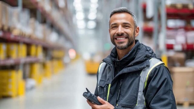 Warehouse Manager&rsquo;s Smile: A cheerful manager stands in a bustling warehouse setting, exuding confidence. The warehouse worker smiles, showing a commitment to efficient operations and logistic.