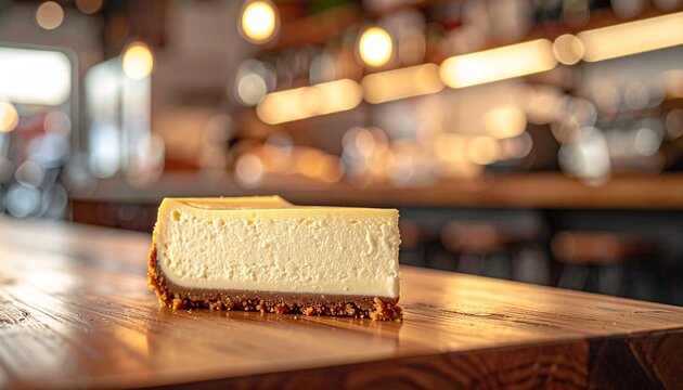 Golden cheesecake resting on a wooden table, creamy layers glowing under warm cafe lights, inviting a quiet pause, a slow bite, and a moment of comfort in a bustling coffee shop
