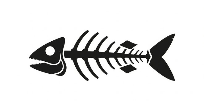 Cartoon fish skeleton silhouette icon black vector illustration on white background