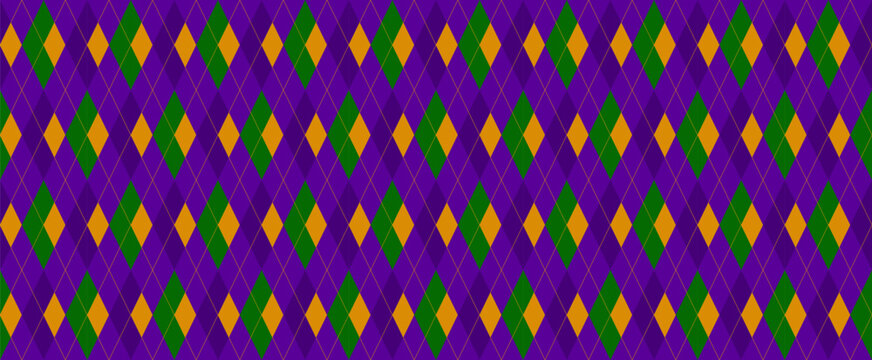 Mardi Gras Background. Argyle Seamless Vector Pattern. New Orleans Carnival Style Masquerade Backdrop in Purple, Green and Gold Yellow. Pattern Tile Swatch Included.