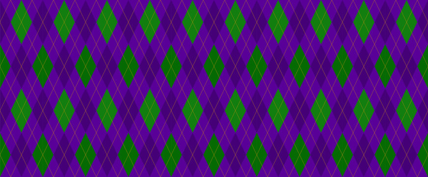 Mardi Gras Wide Background. Purple, Green, Gold Argyle Seamless Vector Pattern. New Orleans Carnival Style Masquerade Backdrop. Pattern Tile Swatch Included.