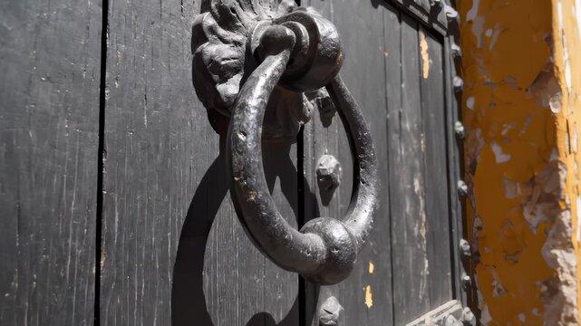 Pulling Metal Ring Door Knocker on an Old Wooden Door in Seville