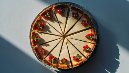 Obraz premium Top-down view of a beautifully sliced cake with floral accents, basking in natural light and shadows, inviting a moment of sweet indulgence and celebration