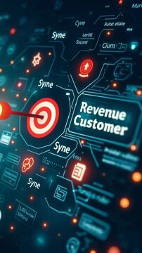 Business strategy for revenue growth concept. Digital interface with business strategy icons, target repeat customer, customer centric, innovation, product development, seamless customer exp.