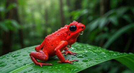 Obraz premium Vibrant Red Poison Dart Frog Sitting on a Wet Leaf in the Rainforest.