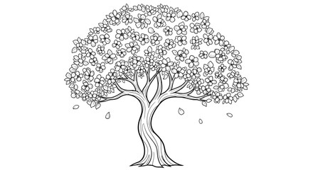 Detailed Outline of a Blooming Cherry Blossom Tree.