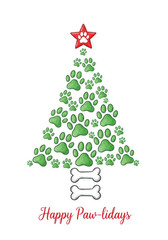Fototapeta premium whimsical conceptual christmas tree illustration formed by sketchy green watercolor dog paw prints, bones trunk, and red star, featuring 