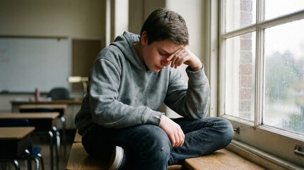 Fototapeta premium Student Crying Near Window Photo Of Student Crying Near Window