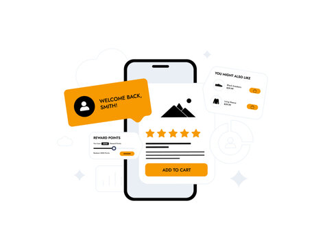 E-commerce personalization drives personalized shopping journeys with product recommendations, loyalty programs, abandoned cart alerts, post purchase followups and retargeting ads vector illustration