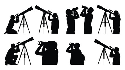Silhouette astronomers observing night sky with telescopes stargazing astronomy