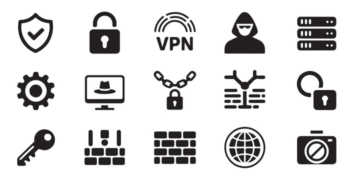 Fifteen filled vpn and security icons, online privacy and network protection