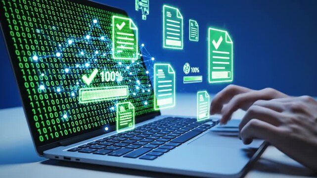 Digital document management with binary code and laptop keyboard at angle