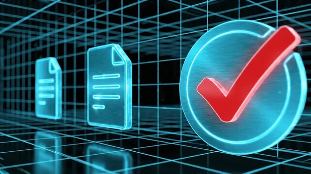 Digital document verification concept with glowing files and check mark