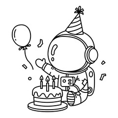 Astronaut Birthday Party in line style. Astronaut icon in line style. Birthday icon in line style