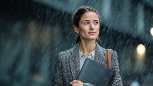 Rainy Day Commute: A focused woman, gracefully navigates the urban landscape, confidently braving the elements. The rain adds a layer of depth and atmosphere.