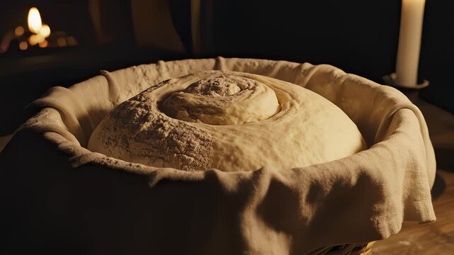Dough Rises in Wicker Basket Near Fireplace and Candlelight Setting