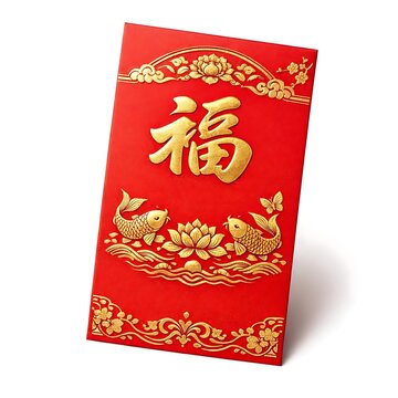 Festive red envelope with golden 'F&uacute;' character, auspicious fish, and lotus motifs, symbolizing good fortune and prosperity for traditional cultural celebrations