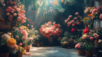 Fototapeta premium A sunbeam shines through a greenhouse filled with colorful flowers in pots.