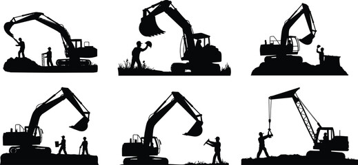Construction workers with excavator and crane silhouettes showing heavy machinery operation on industrial building and engineering sites vector illustration collection
