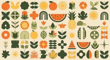 Obraz premium Mid-century modern seamless pattern with abstract fruits and leaves