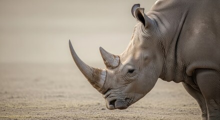 Fototapeta premium Close-up of a white rhinoceros in a dusty savannah landscape.