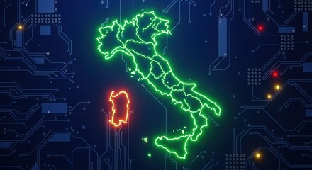 Obraz premium Neon digital map of Italy and Sardinia on circuit board