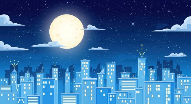 Night cityscape illustration with glowing full moon and twinkling stars