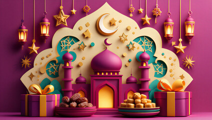 Fototapeta premium Eid, ramadan, ifter Festive Islamic Ramadan decoration with mosque gifts dates and sweet pastries under hanging lanterns and stars