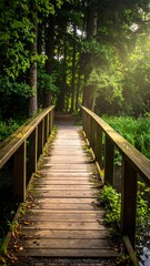 Obraz premium Wooden bridge pathway leads through verdant forest, sunlit foliage, tranquil atmosphere, nature
