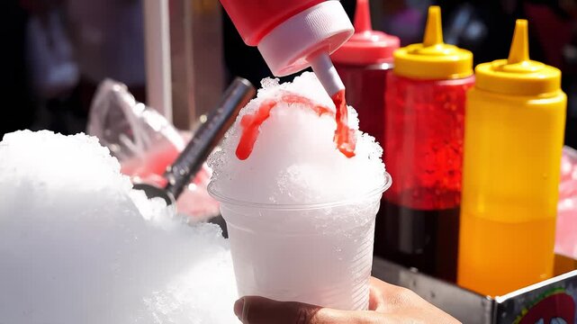 Vendor Preparing Delicious Shaved Ice Dessert With Syrup Topping