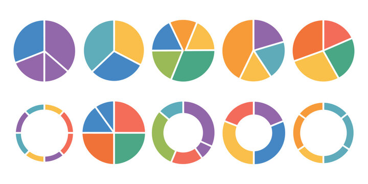 Circle division infographic icon collection with pie charts in ring and donut shapes, fraction segments, infographic wheels